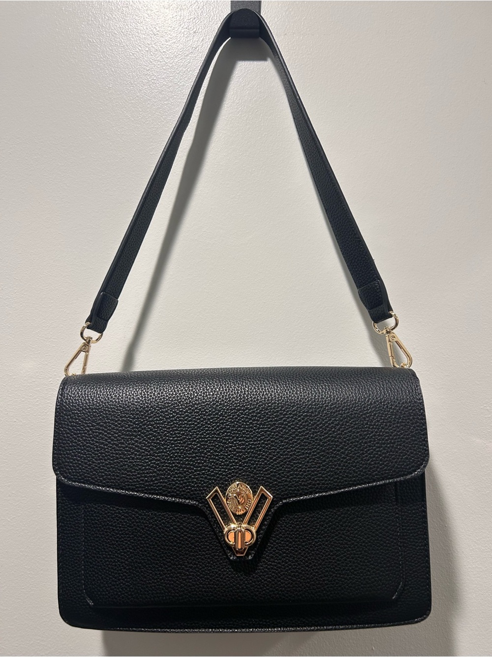 Valentino Orlandi Roma Pebbled Leather Shoulder Bag with Gold Accent